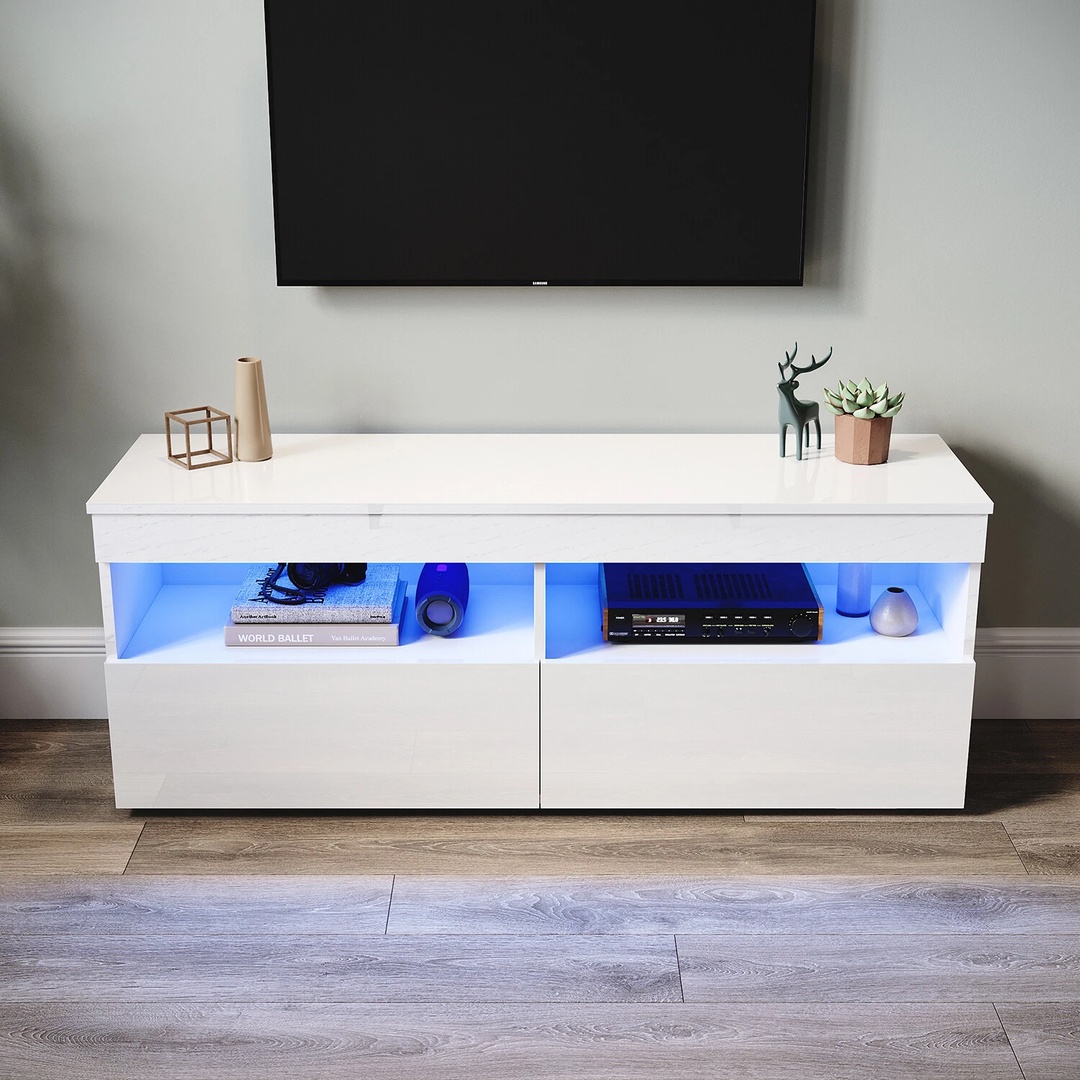 White LED TV Stand Unit Cabinet Modern 2 Door Media Sideboard