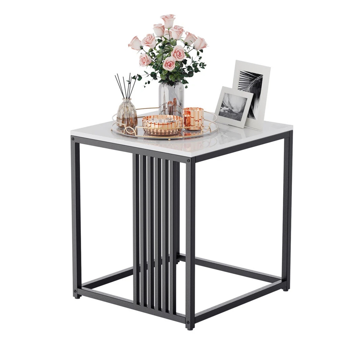Marble Coffee Table End Side Table Storage Shelf with Metal Poles