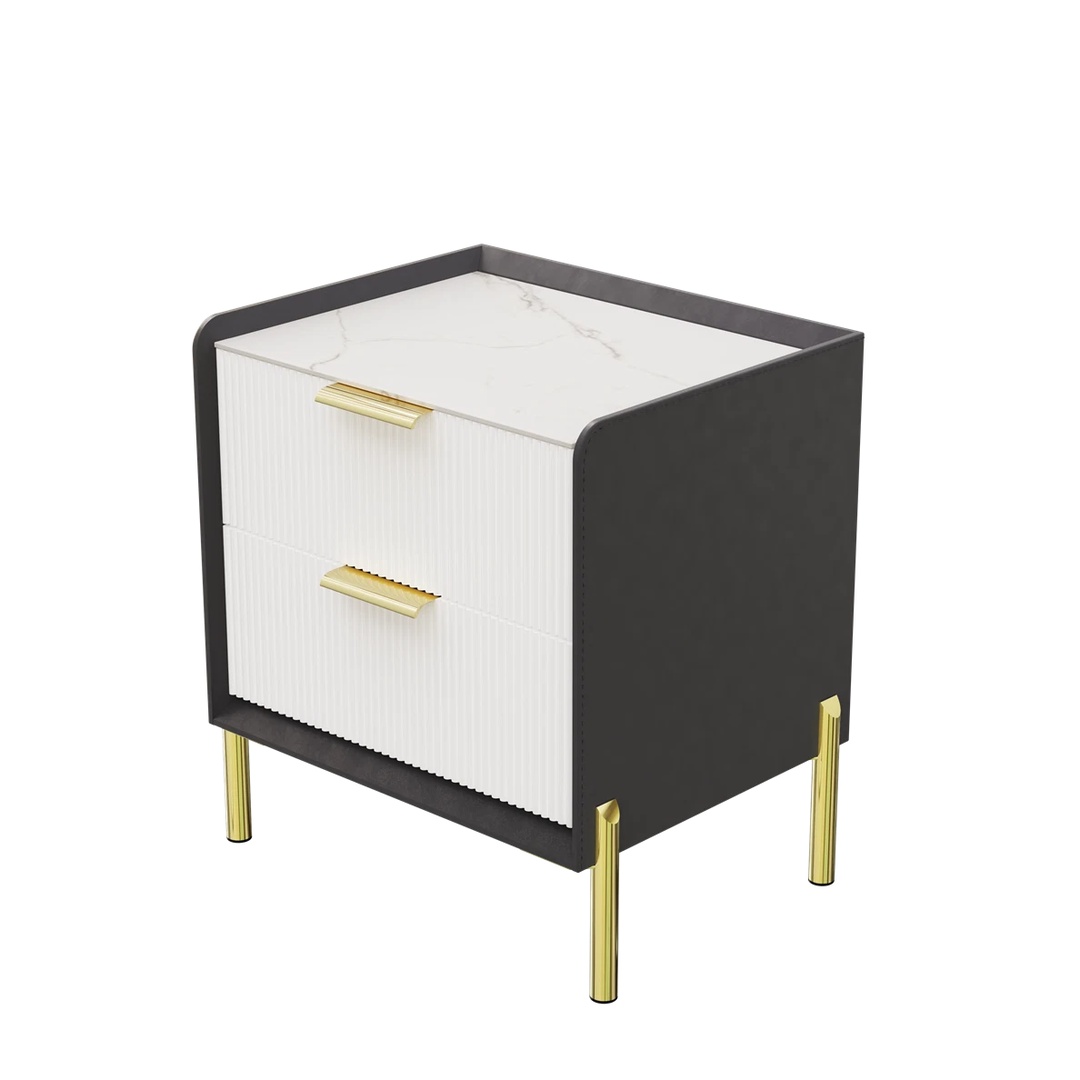 2 Drawers Bedside Table Nightstand White Marble Top Bedroom Cabinet