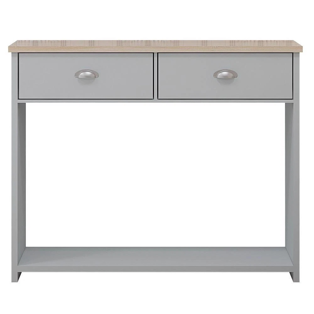 Grey Console Table with two top drawers and a bottom shelf Oak