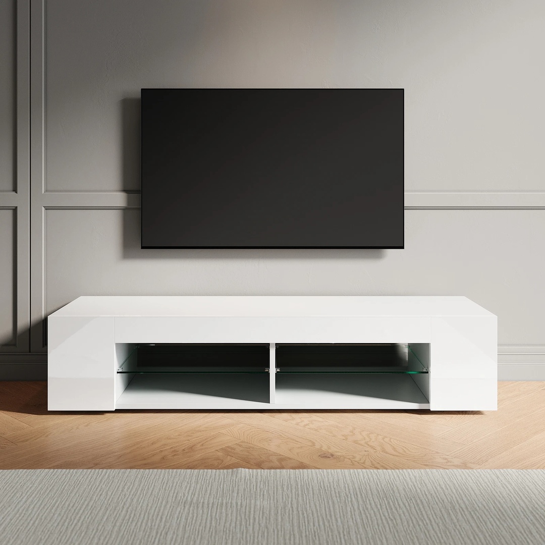 White TV Stand Cabinet Storage Shelves with LED Lights Cupboard