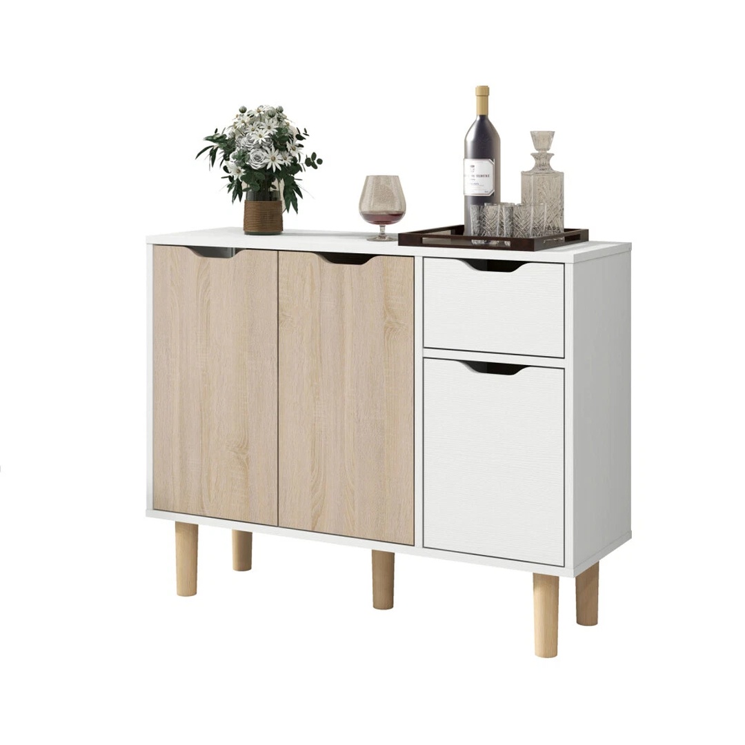 Wooden Sideboard TV Stand Storage Cabinet White and 2 Natural Doors