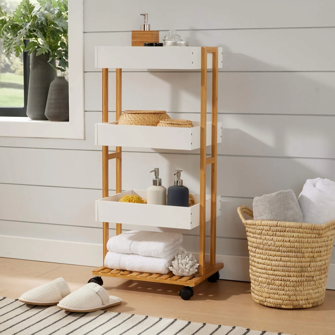 Bamboo Storage Trolley White 4 Tier with Wheels Kitchen Bathroom
