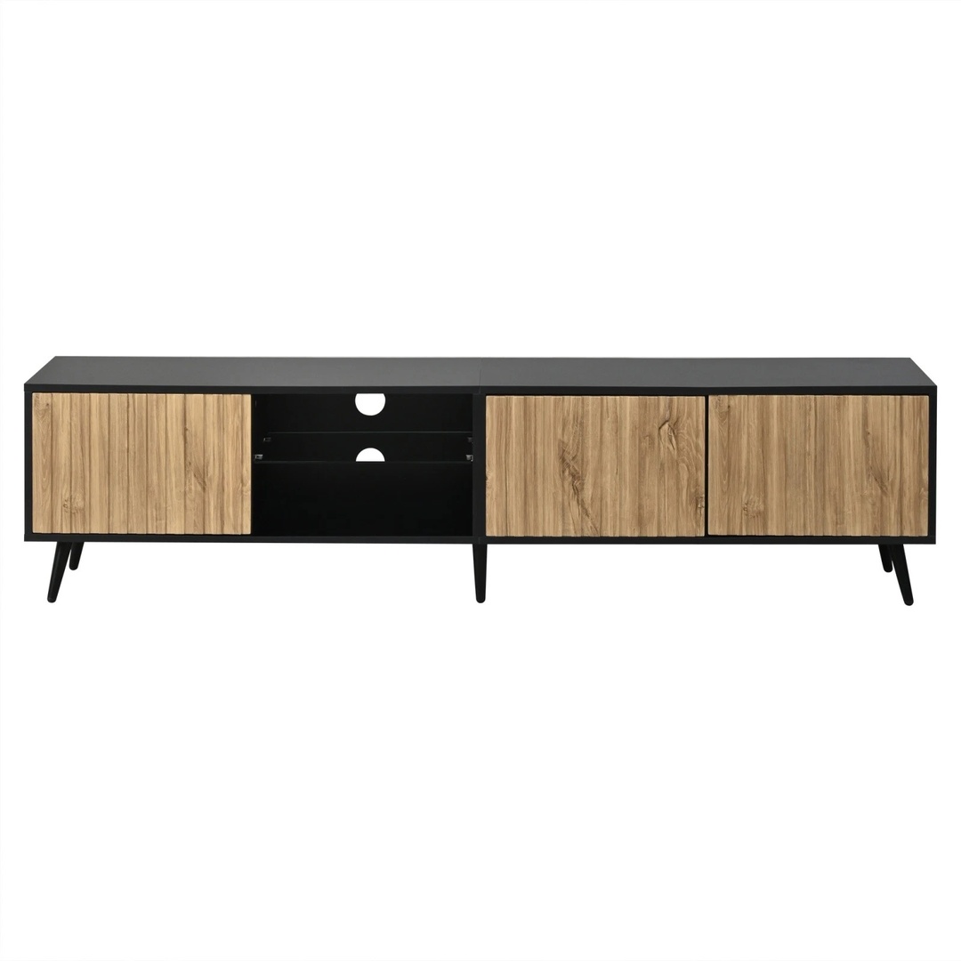 Cabinet Console Entertainment Centre Wood Grain Doors Black