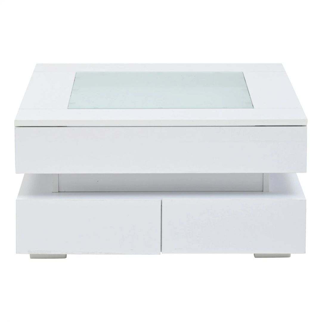 Square Coffee Table With Glass Top,Storage Drawers