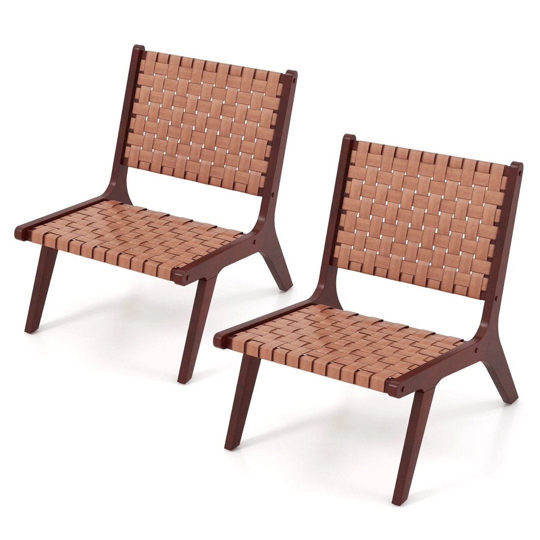 2-Pack Woven Leather Wood Frame Accent Chairs