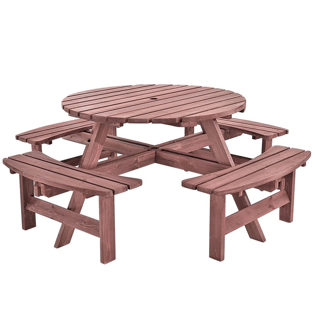 8 Seater Wooden Round Picnic Table and Bench Set