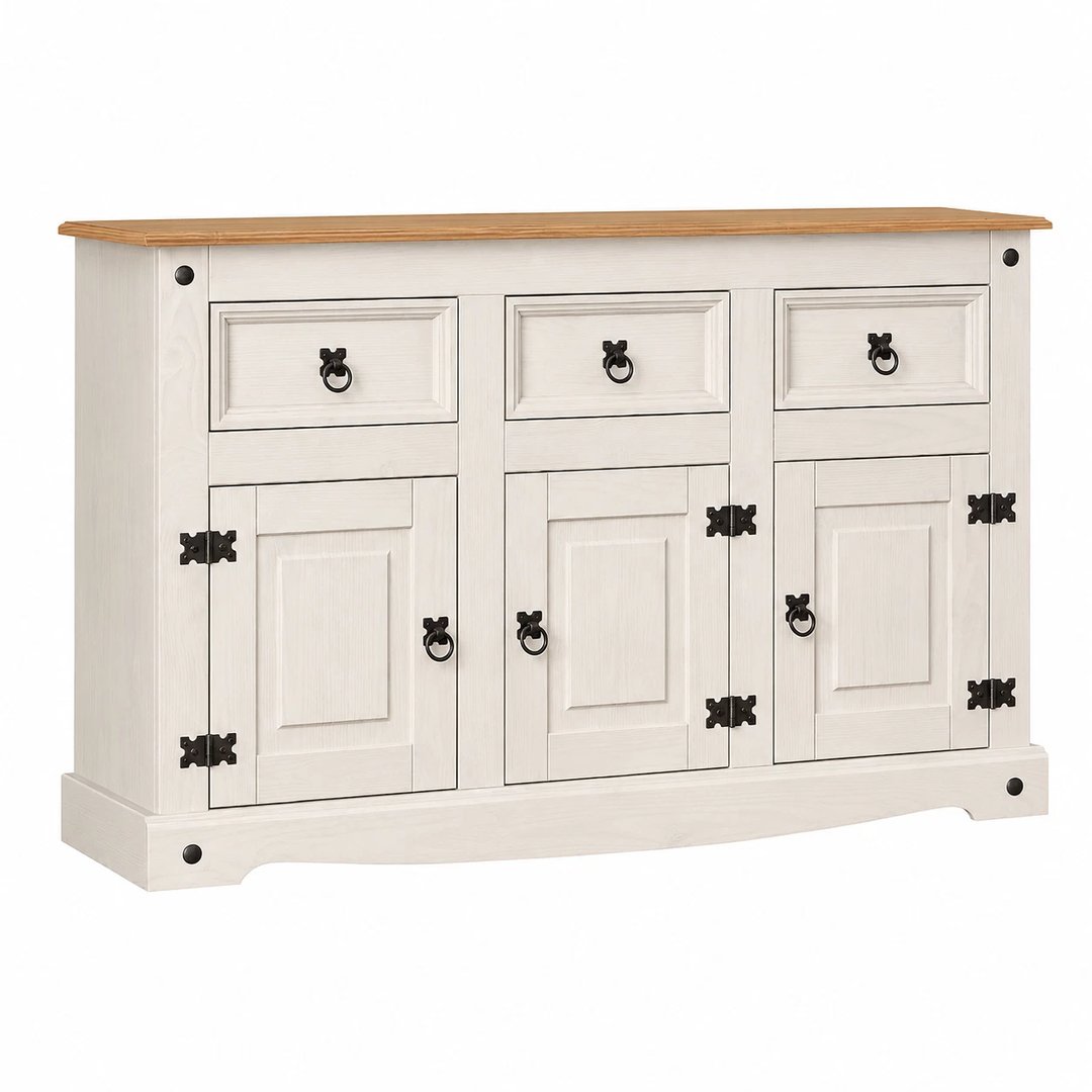 White Mexican Style 3 Door 3 Drawer Pine Sideboard