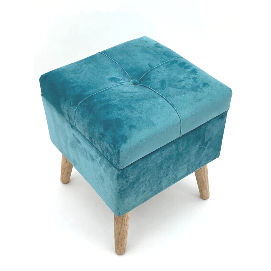 Blue Velvet Square Lift Top Storage Ottoman