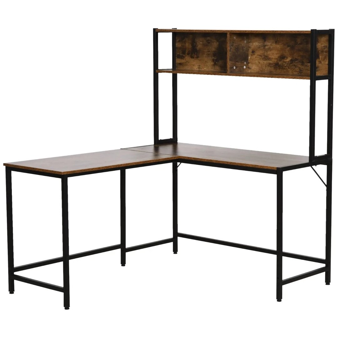 L Shaped Industrial Corner Desk with Storage Shelf