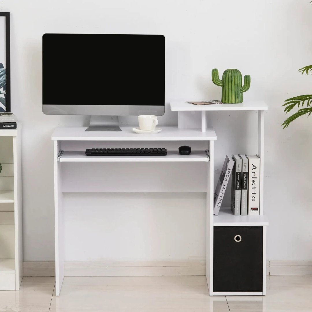 White Home Office Computer Desk with Shelves & Drawer