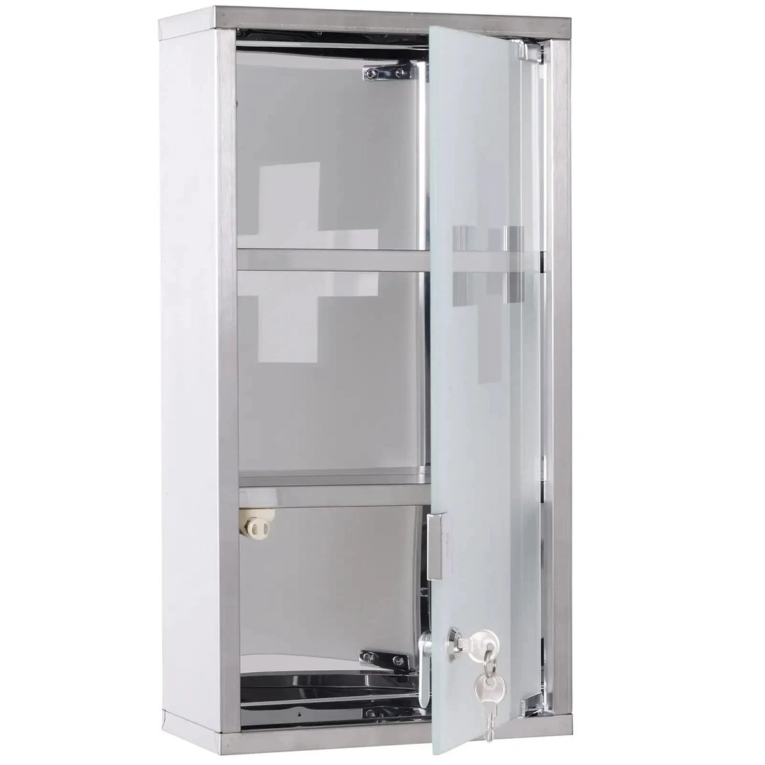 Wall Mount Lockable Metal First Aid Cabinet Glass Door 3 Shelves